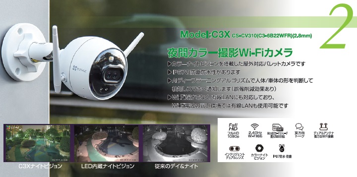 クラウドストレージ対応Wi-Fiスマートカメラ（夜間カラー撮影WiFiカメラ ）CX3